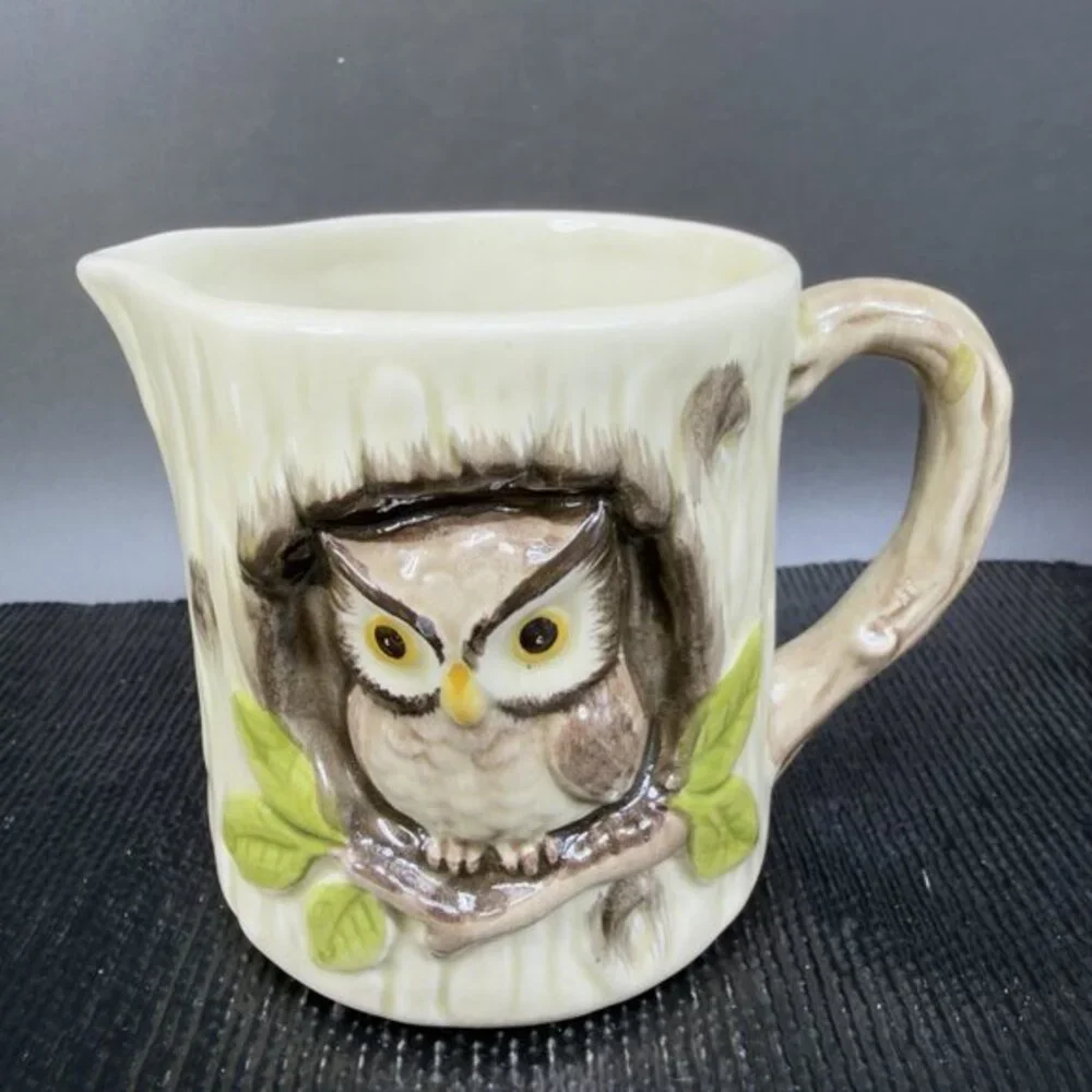OTAGIRI Japan 3D OWL Perched in Tree Trunk Jug Small Pitcher Creamer Ceramic VTG